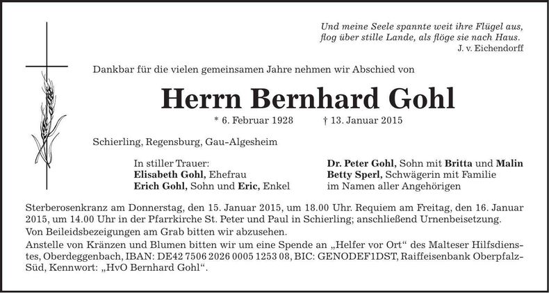 Traueranzeige Bernhard Gohl
