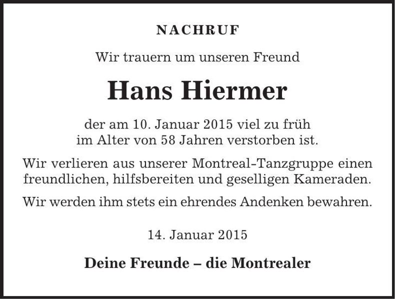 Traueranzeige Hans Hiermer