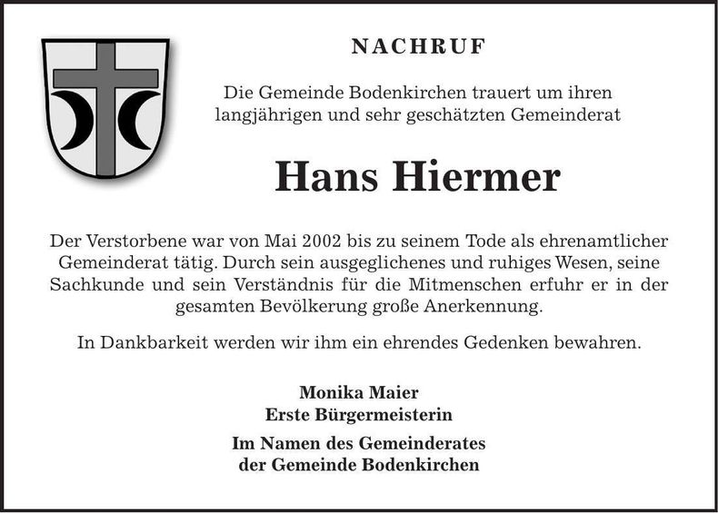 Traueranzeige Johann Hiermer