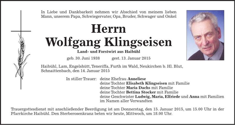 Traueranzeige Wolfgang Klingseisen