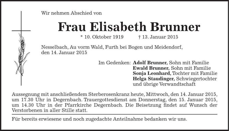 Traueranzeige Elisabeth Brunner