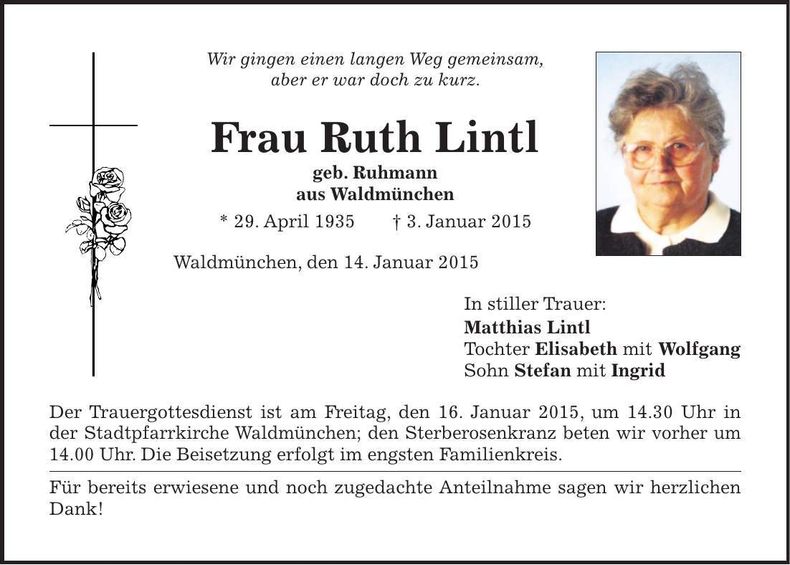 Traueranzeige Ruth Lintl