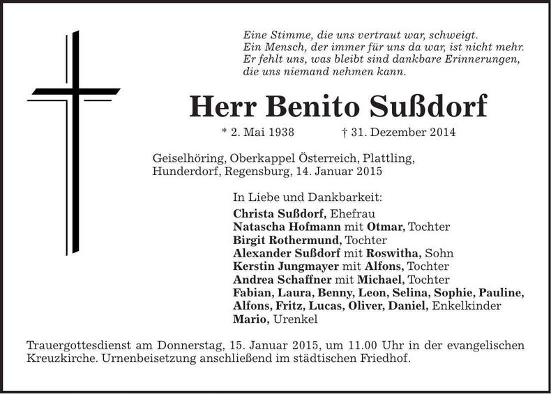 Traueranzeige Benito Sußdorf