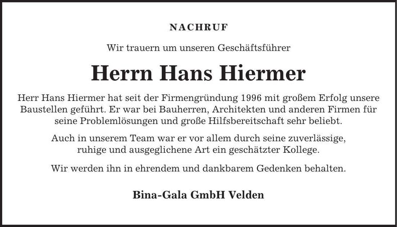 Traueranzeige Hans Hiermer