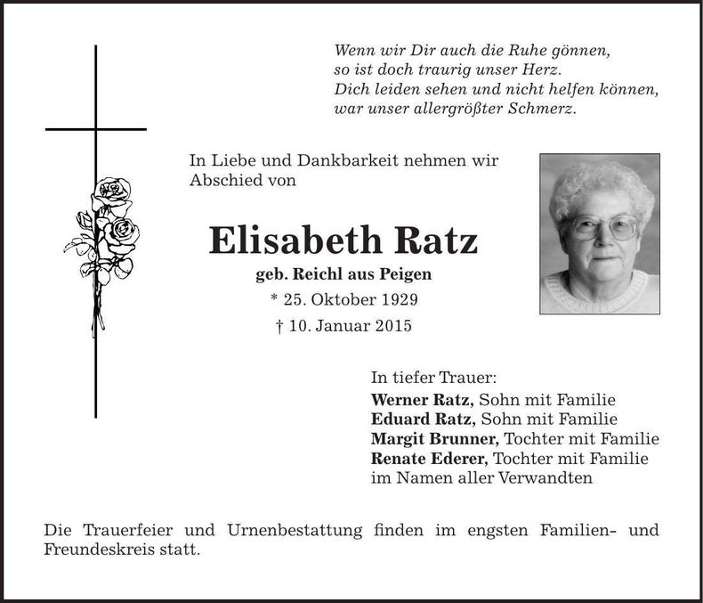 Traueranzeige Elisabeth Ratz