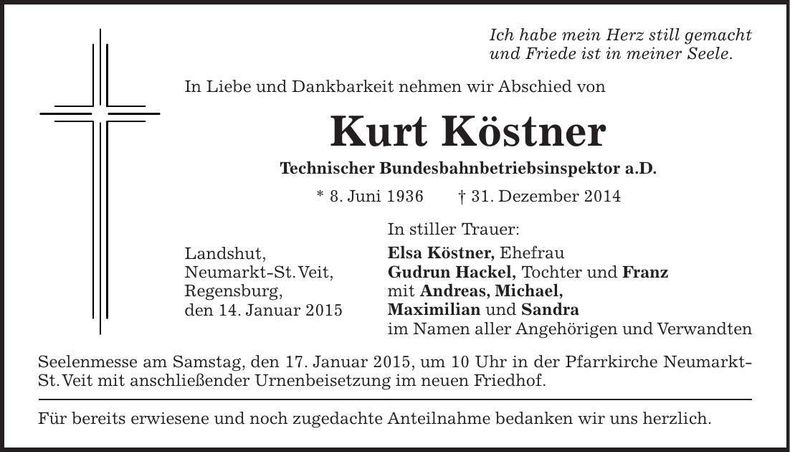 Traueranzeige Kurt Köstner