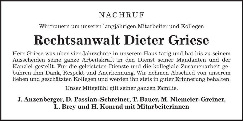 Traueranzeige Dieter Griese