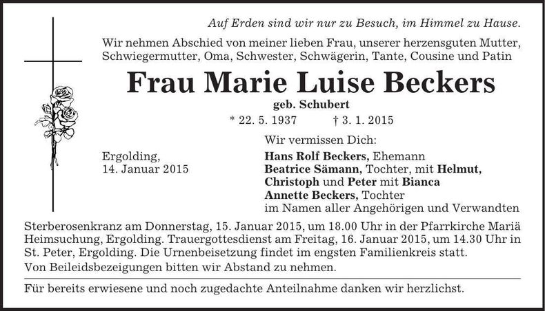 Traueranzeige Marie Luise Beckers