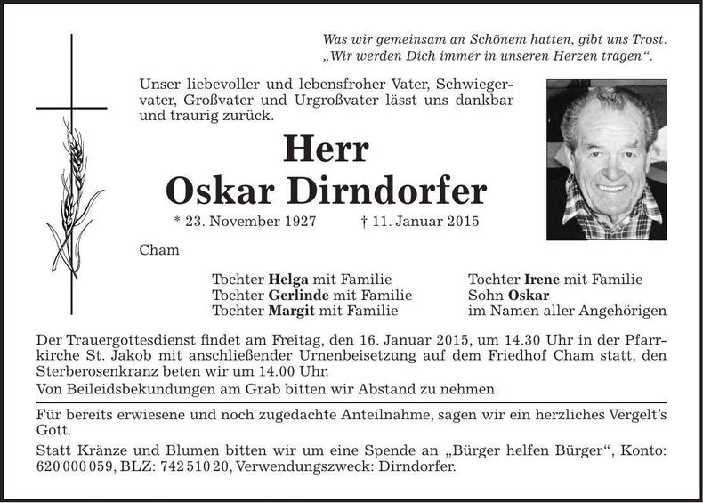 Traueranzeige Oskar Dirndorfer
