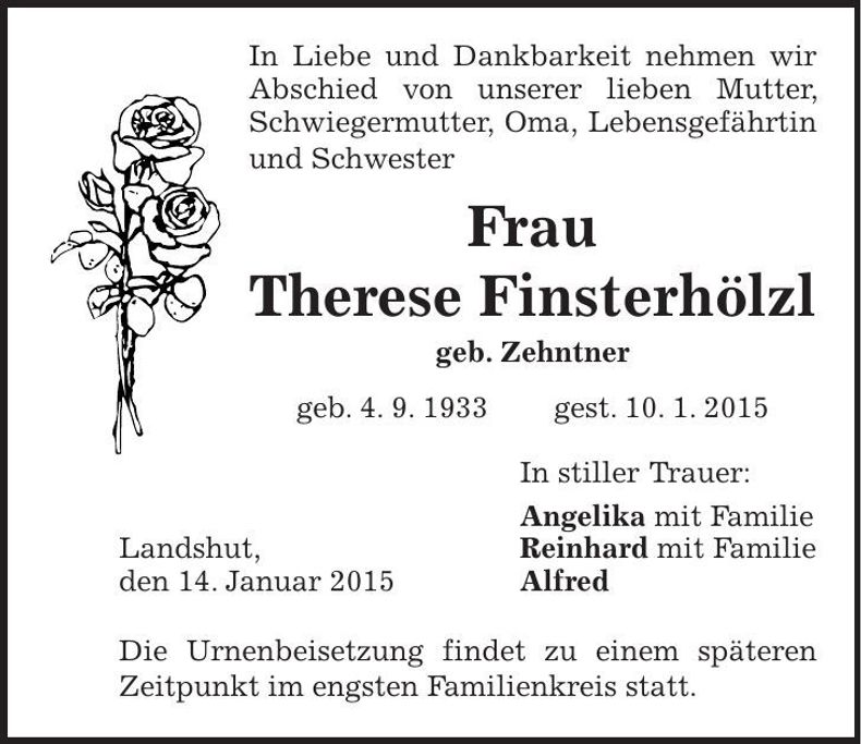 Traueranzeige Therese Finsterhölzl
