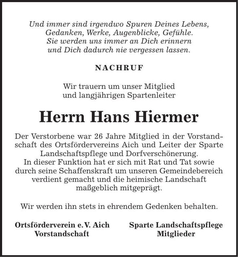 Traueranzeige Hans Hiermer