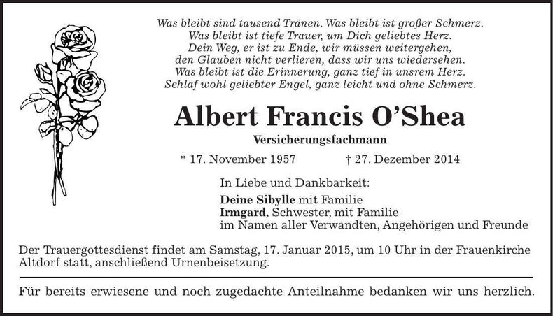Traueranzeige Albert Francis O¿Shea