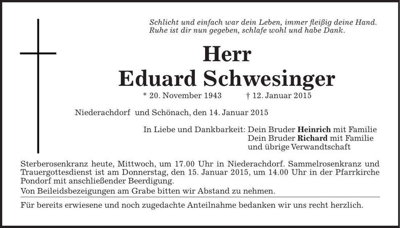 Traueranzeige Eduard Schwesinger