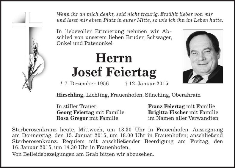 Traueranzeige Josef Feiertag