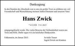 Traueranzeige Hans Zwick