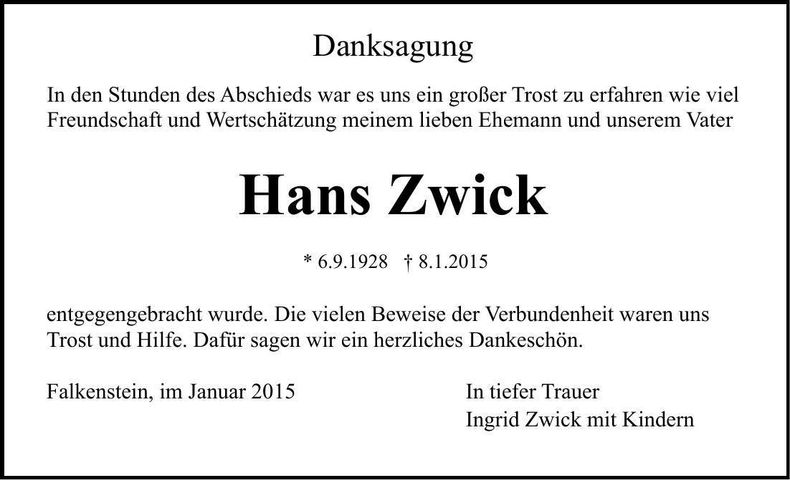 Traueranzeige Hans Zwick