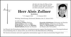 Traueranzeige Alois Zollner