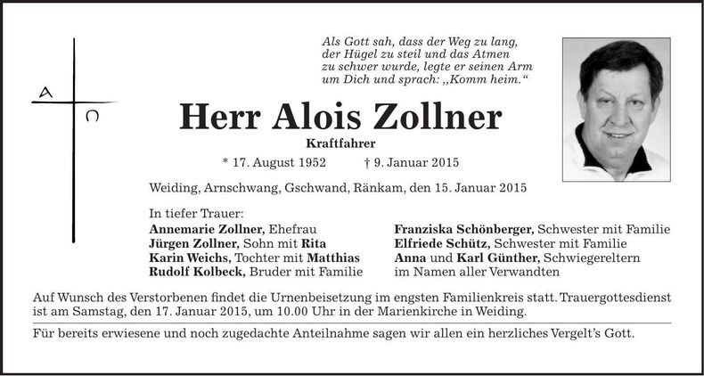 Traueranzeige Alois Zollner
