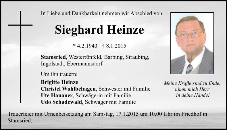 Traueranzeige Sieghard Heinze