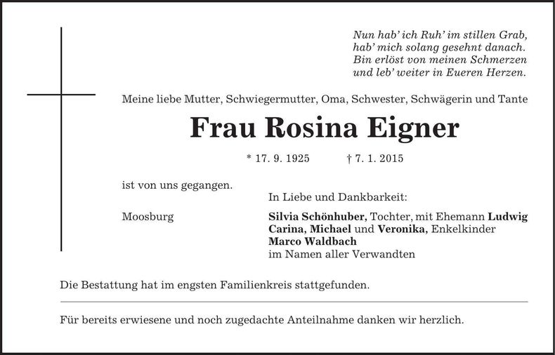 Traueranzeige Rosina Eigner