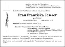 Traueranzeige Franziska Jeserer