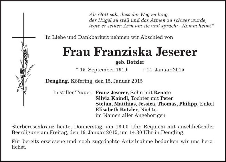 Traueranzeige Franziska Jeserer
