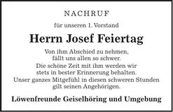 Traueranzeige Josef Feiertag