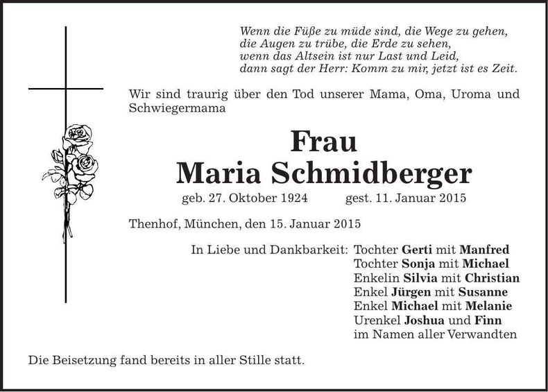 Traueranzeige Maria Schmidberger