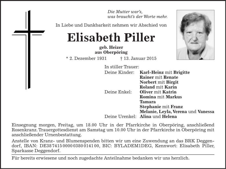 Traueranzeige Elisabeth Piller