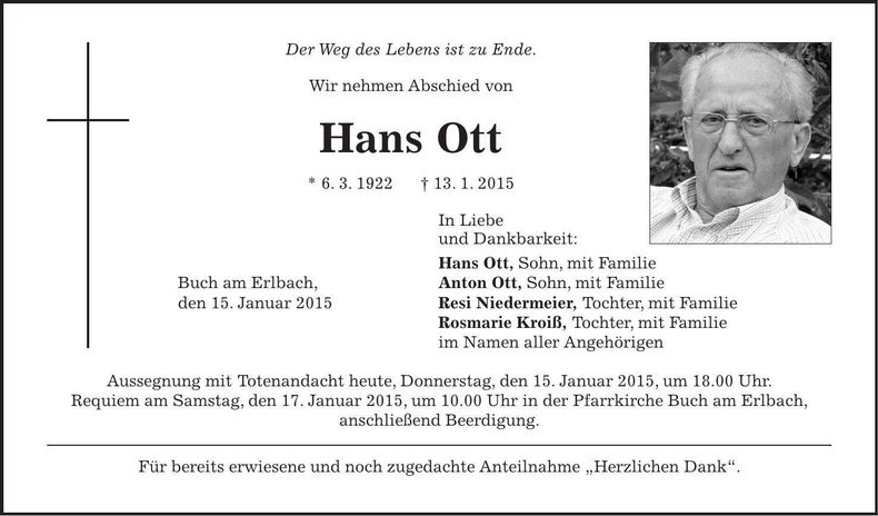 Traueranzeige Hans Ott