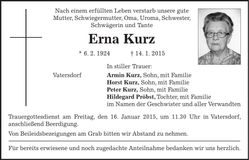 Traueranzeige Erna Kurz