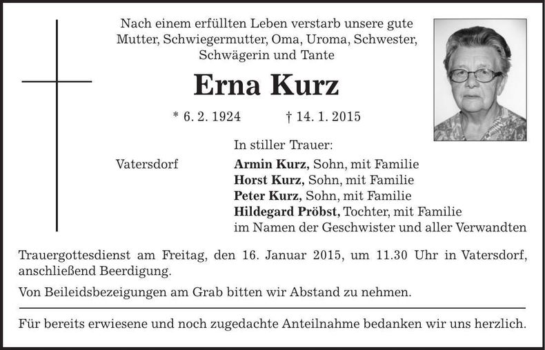 Traueranzeige Erna Kurz