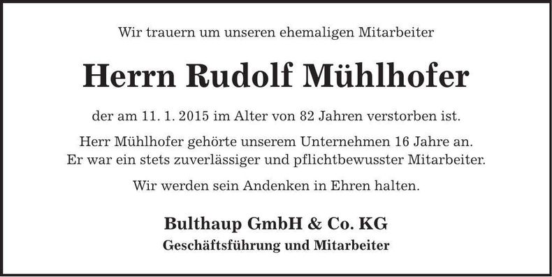 Traueranzeige Rudolf Mühlhofer