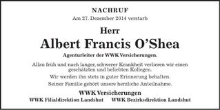 Traueranzeige Albert Francis O'Shea