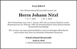 Traueranzeige Johann Nitzl