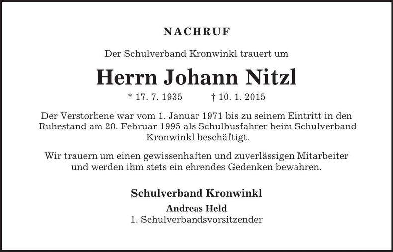 Traueranzeige Johann Nitzl