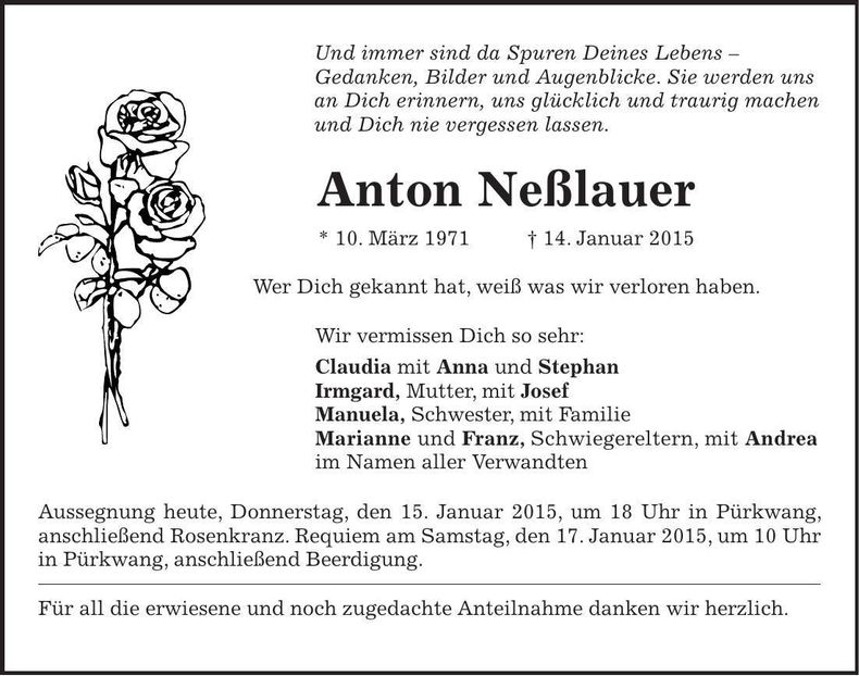 Traueranzeige Anton Neßlauer