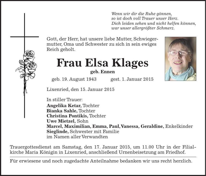 Traueranzeige Elsa Klages