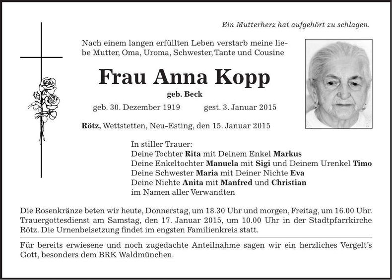 Traueranzeige Anna Kopp