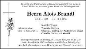 Traueranzeige Alois Brandl