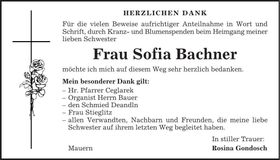 Traueranzeige Sophia Bachner