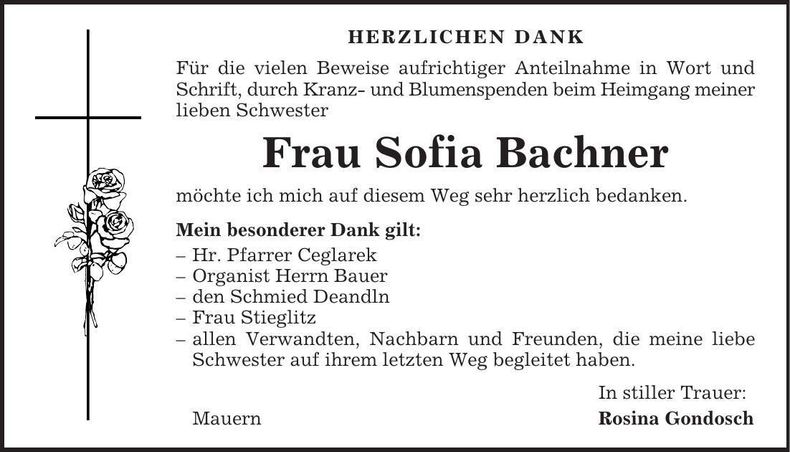 Traueranzeige Sophia Bachner