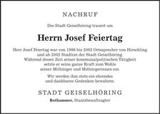 Traueranzeige Josef Feiertag