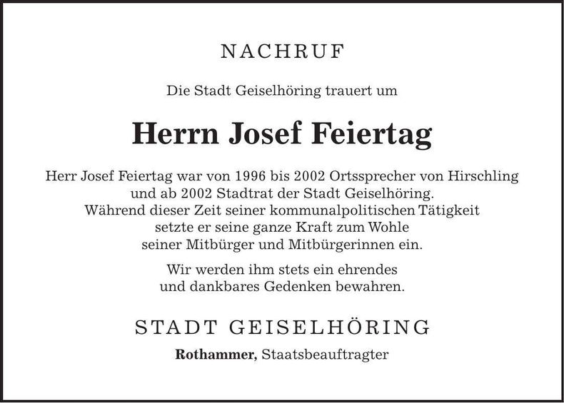 Traueranzeige Josef Feiertag