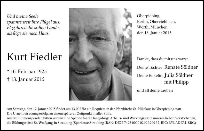 Traueranzeige Kurt Fiedler