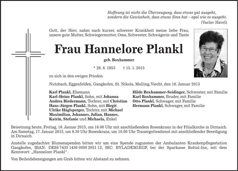 Traueranzeige Hannelore Plankl