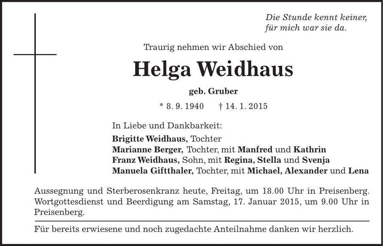 Traueranzeige Helga Weidhaus