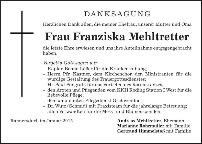 Traueranzeige Franziska Mehltretter
