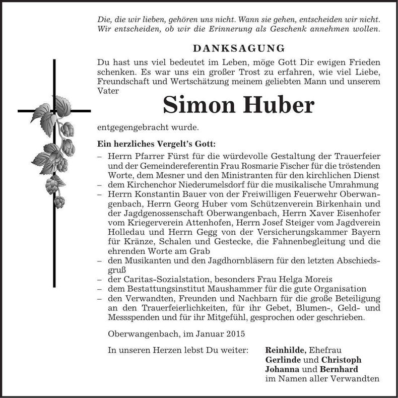 Traueranzeige Simon Huber