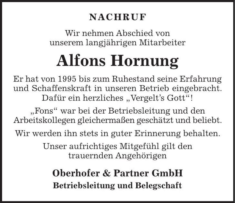 Traueranzeige Alfons Hornung